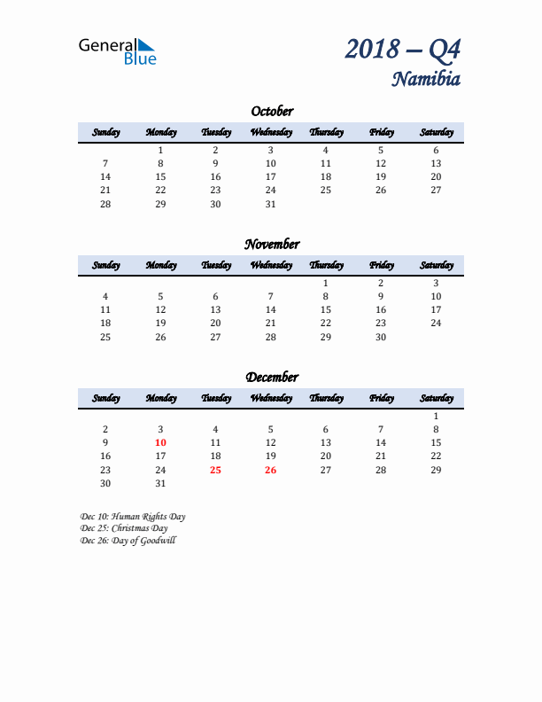 October, November, and December Calendar for Namibia with Sunday Start