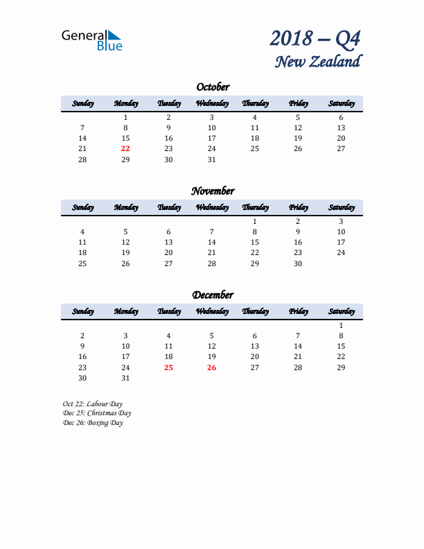 October, November, and December Calendar for New Zealand with Sunday Start