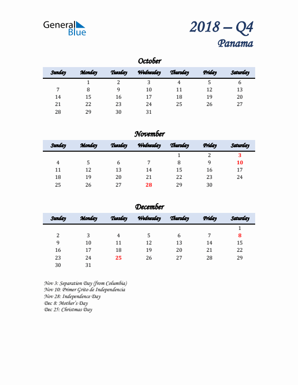 October, November, and December Calendar for Panama with Sunday Start