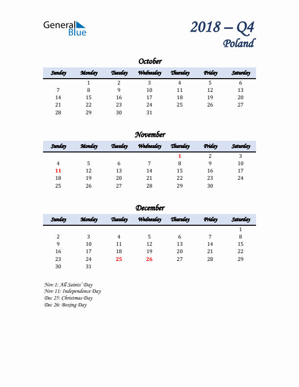 October, November, and December Calendar for Poland with Sunday Start