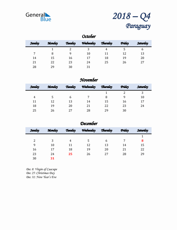 October, November, and December Calendar for Paraguay with Sunday Start