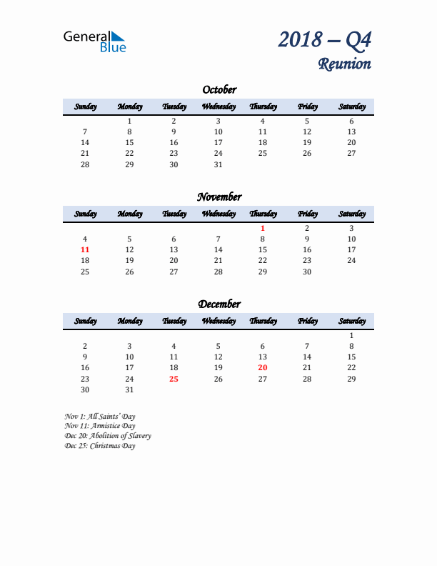 October, November, and December Calendar for Reunion with Sunday Start