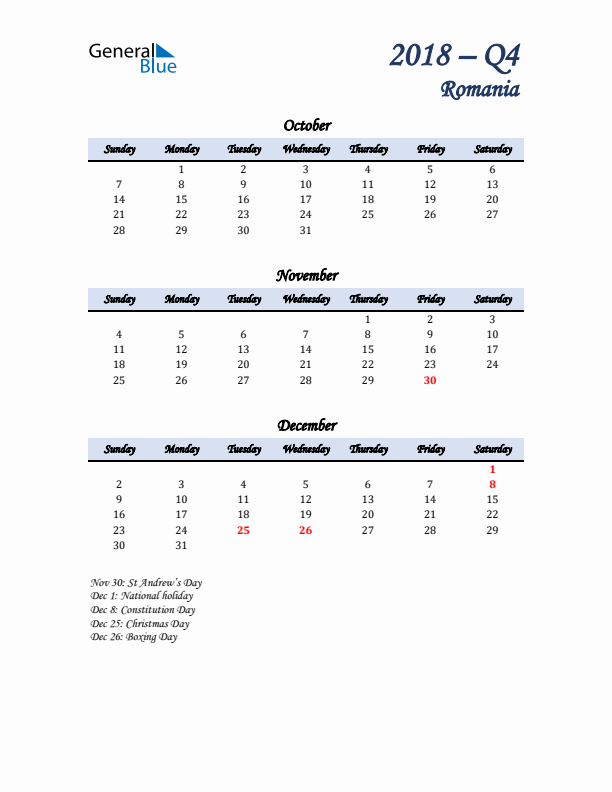 October, November, and December Calendar for Romania with Sunday Start