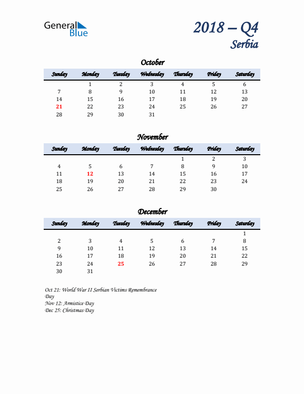 October, November, and December Calendar for Serbia with Sunday Start