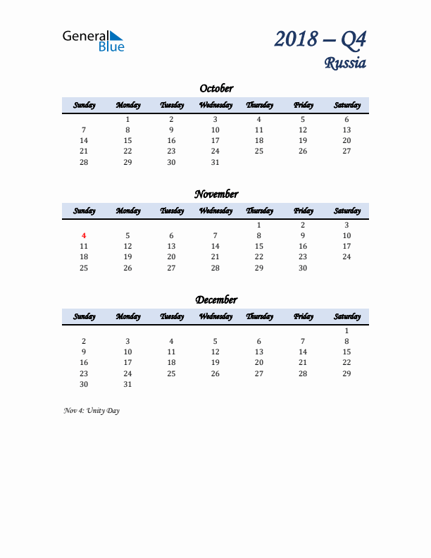 October, November, and December Calendar for Russia with Sunday Start