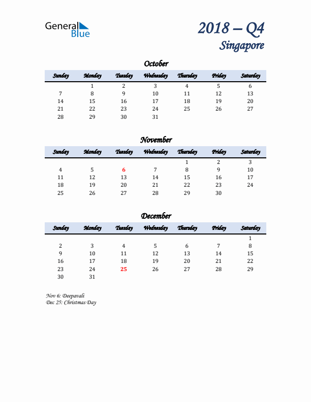 October, November, and December Calendar for Singapore with Sunday Start