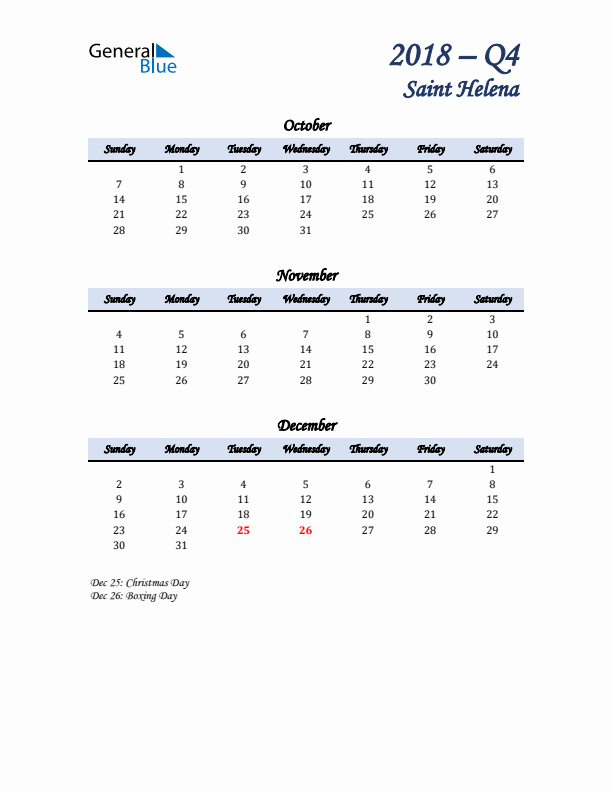 October, November, and December Calendar for Saint Helena with Sunday Start