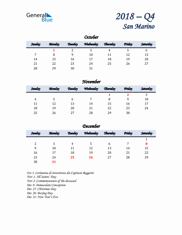 October, November, and December Calendar for San Marino with Sunday Start