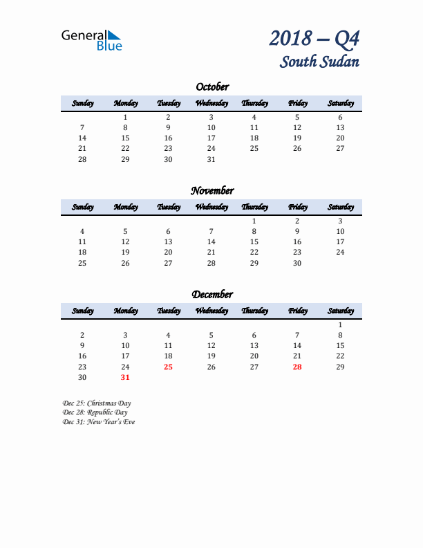 October, November, and December Calendar for South Sudan with Sunday Start