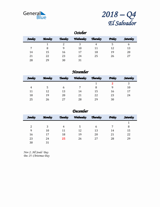 October, November, and December Calendar for El Salvador with Sunday Start