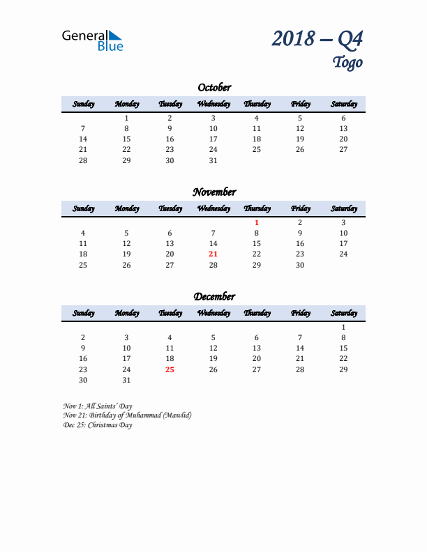 October, November, and December Calendar for Togo with Sunday Start