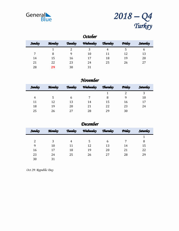 October, November, and December Calendar for Turkey with Sunday Start