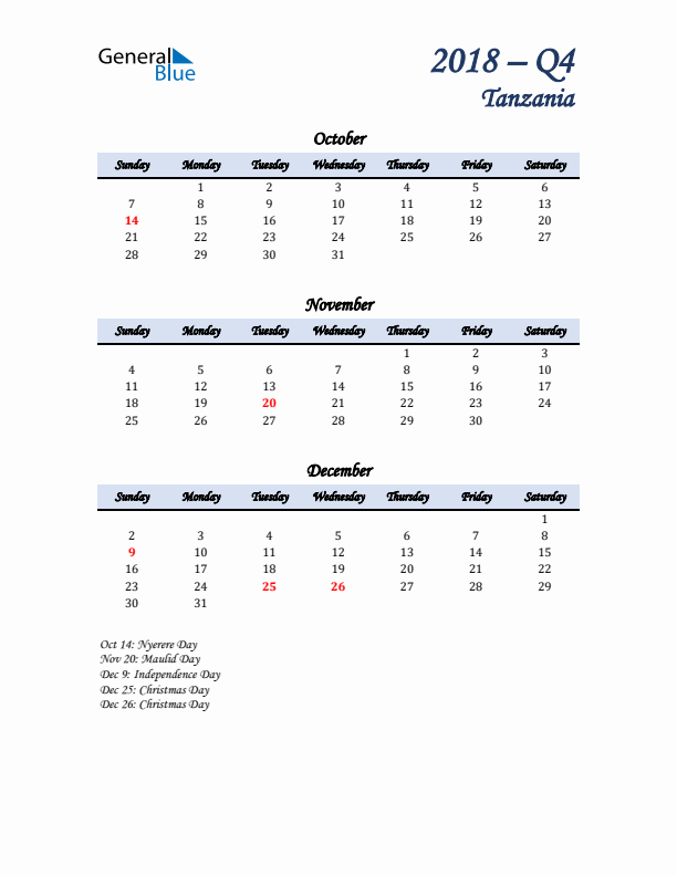 October, November, and December Calendar for Tanzania with Sunday Start