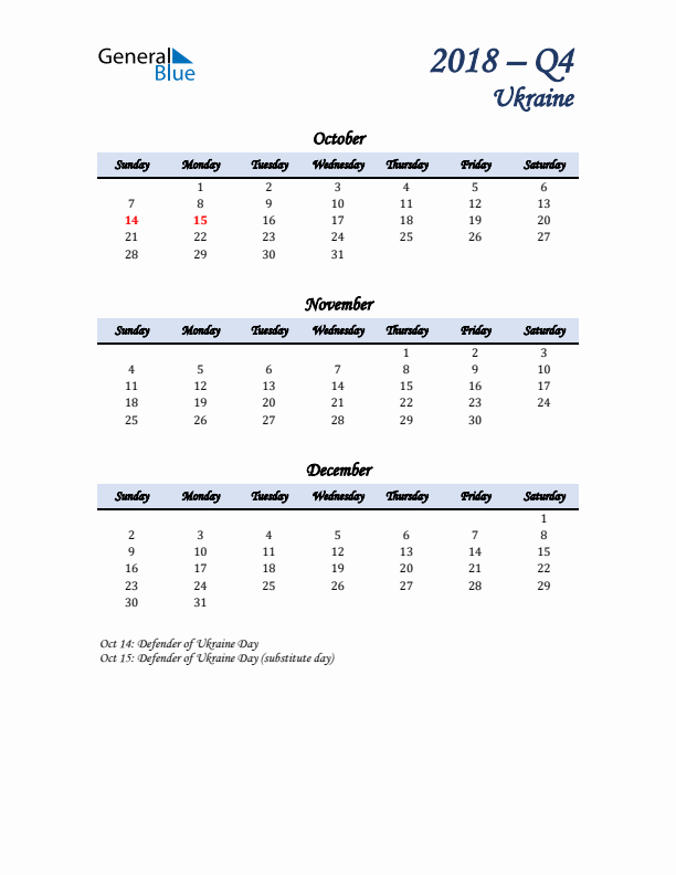 October, November, and December Calendar for Ukraine with Sunday Start