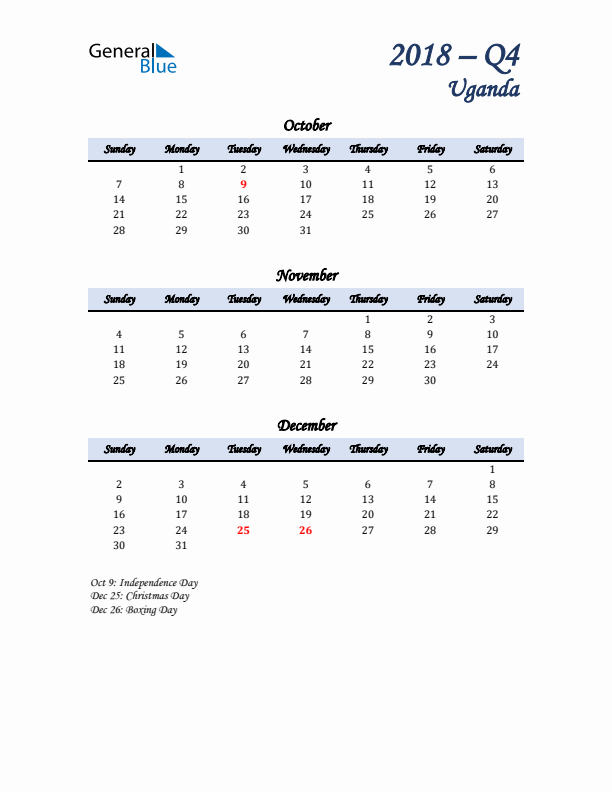 October, November, and December Calendar for Uganda with Sunday Start