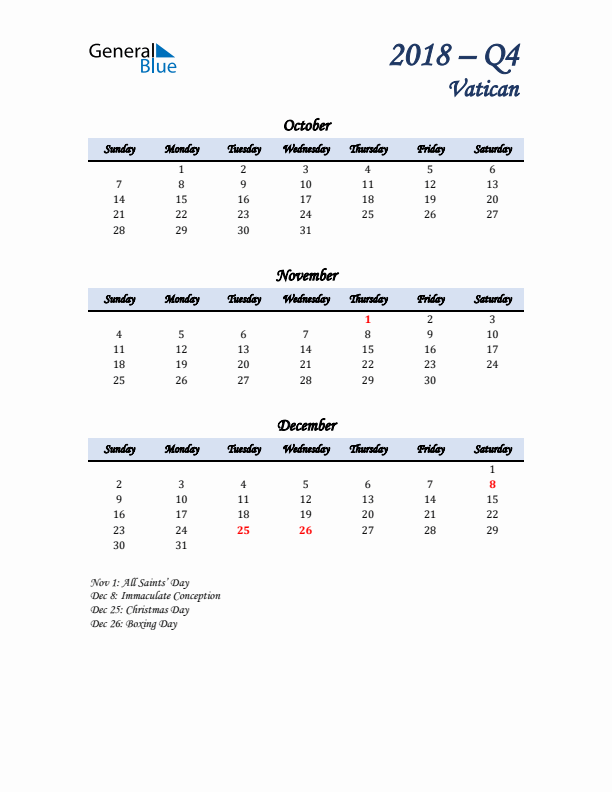 October, November, and December Calendar for Vatican with Sunday Start