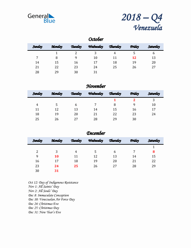 October, November, and December Calendar for Venezuela with Sunday Start