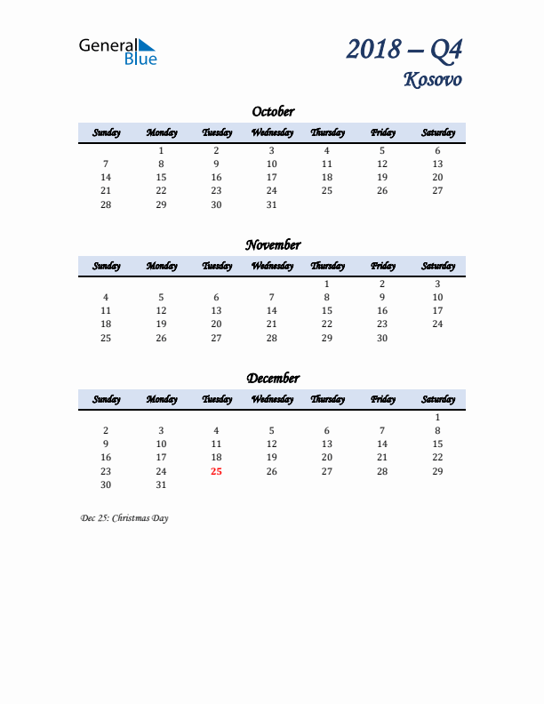 October, November, and December Calendar for Kosovo with Sunday Start