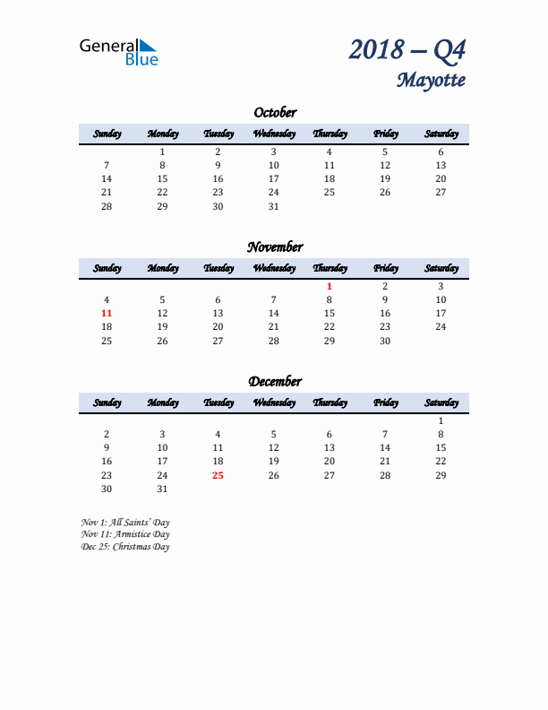 October, November, and December Calendar for Mayotte with Sunday Start