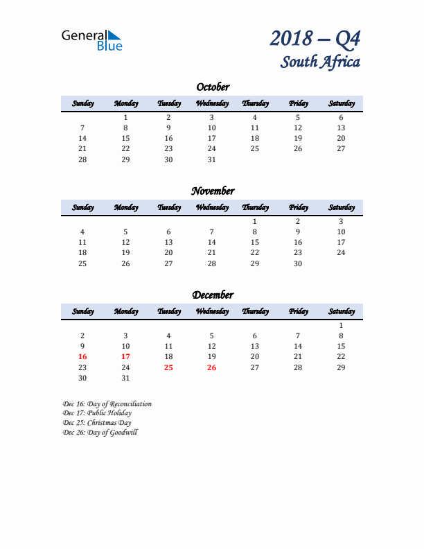 October, November, and December Calendar for South Africa with Sunday Start