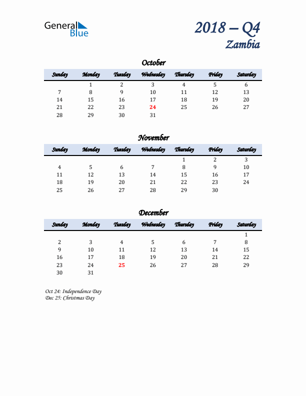 October, November, and December Calendar for Zambia with Sunday Start