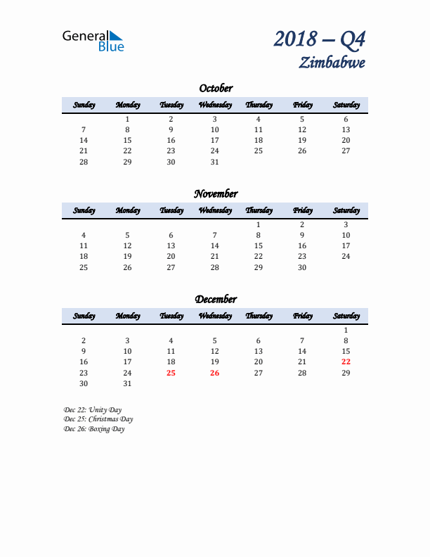 October, November, and December Calendar for Zimbabwe with Sunday Start