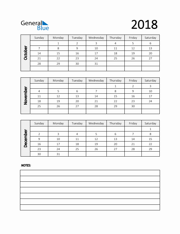 Q4 2018 Calendar with Notes