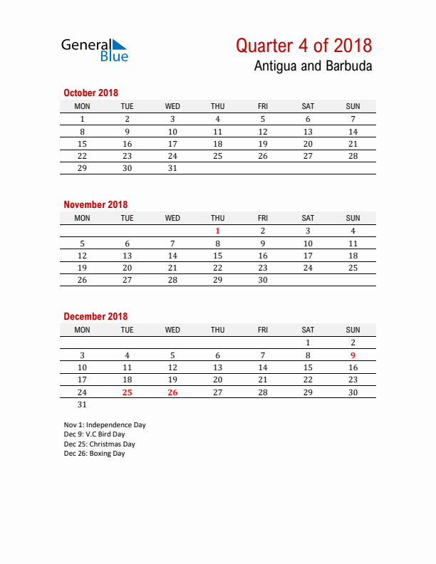 Printable Three Month Calendar with Antigua and Barbuda Holidays