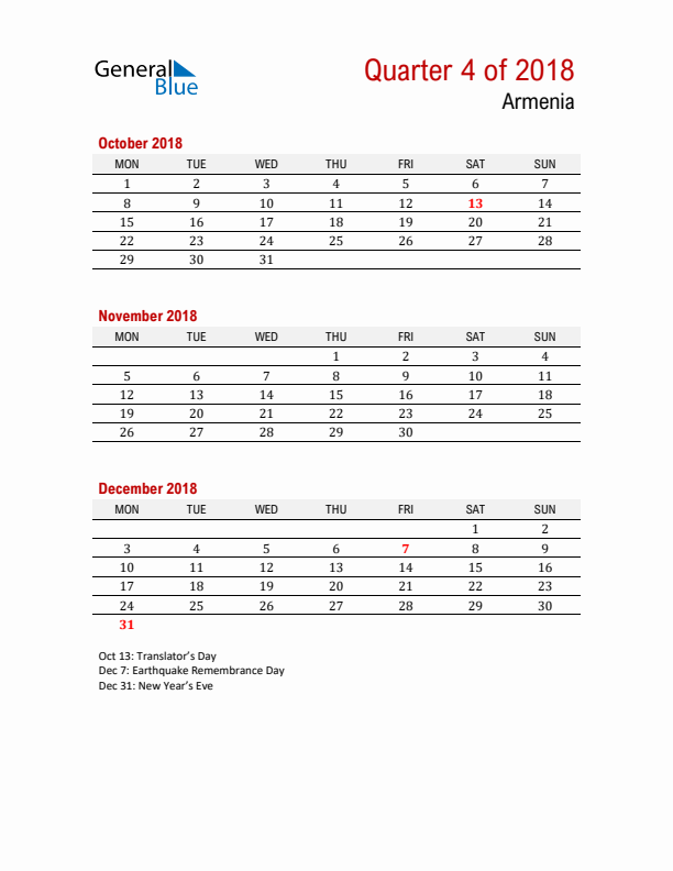 Printable Three Month Calendar with Armenia Holidays