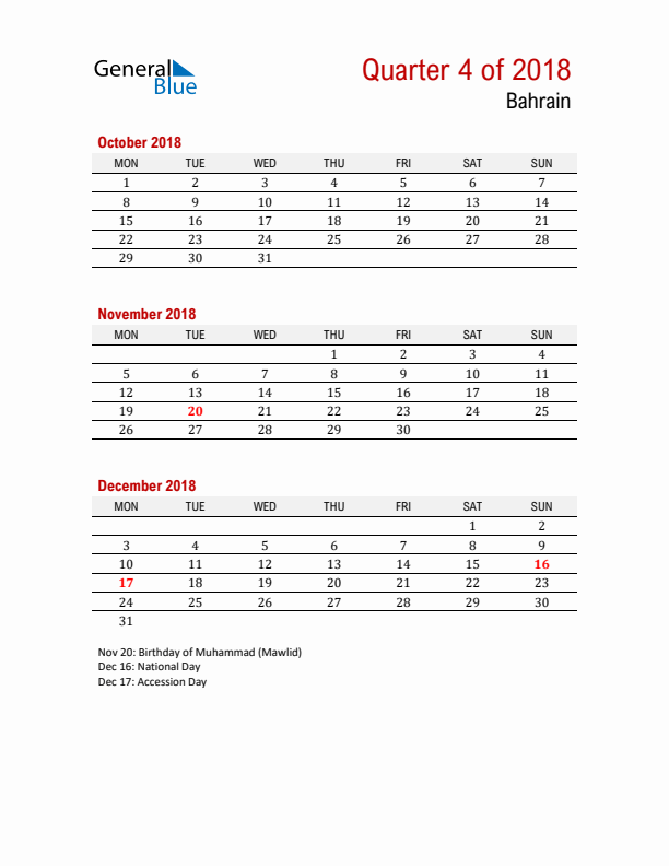 Printable Three Month Calendar with Bahrain Holidays