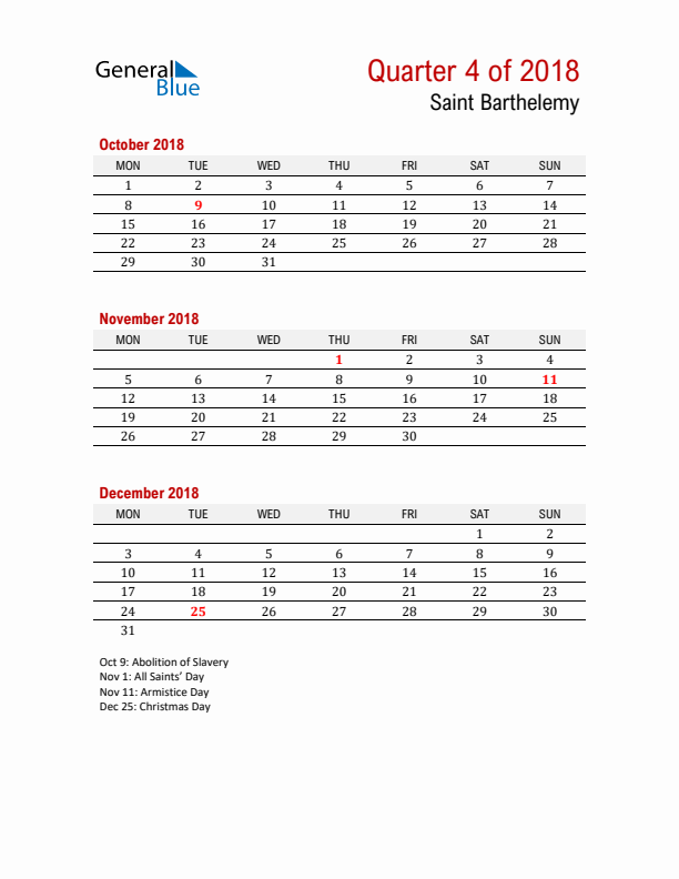 Printable Three Month Calendar with Saint Barthelemy Holidays