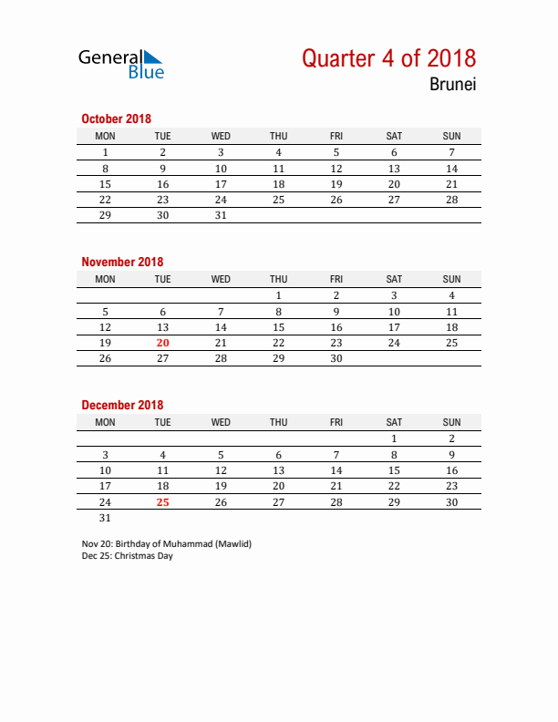 Printable Three Month Calendar with Brunei Holidays