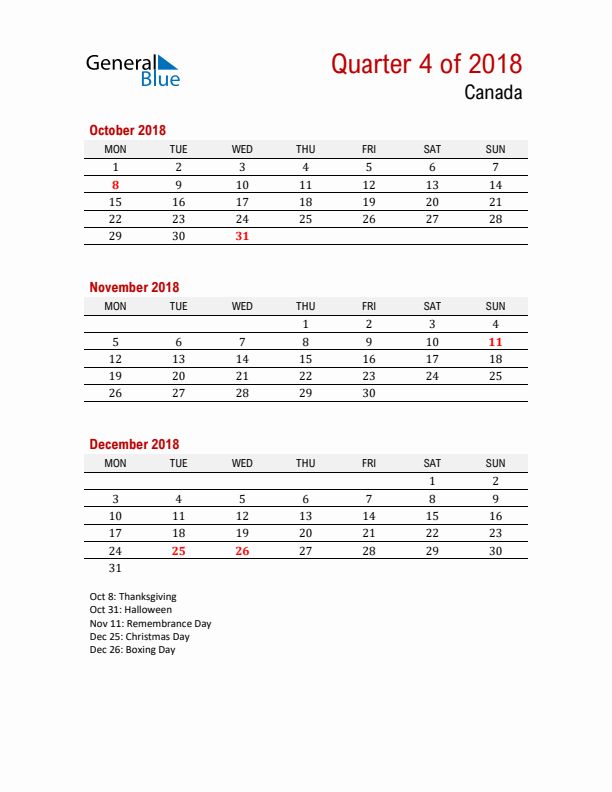 Printable Three Month Calendar with Canada Holidays