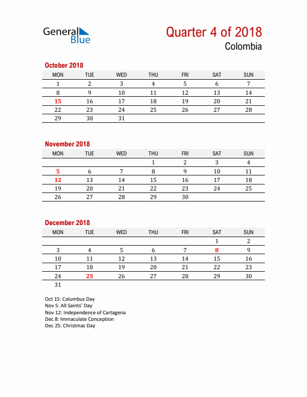 Printable Three Month Calendar with Colombia Holidays