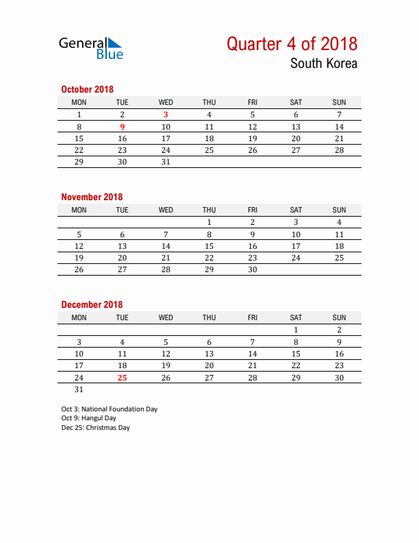 Printable Three Month Calendar with South Korea Holidays