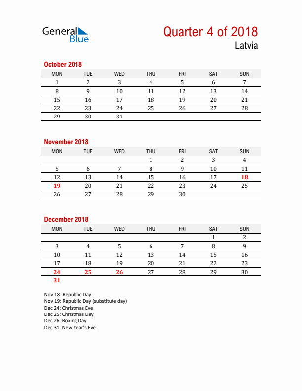 Printable Three Month Calendar with Latvia Holidays