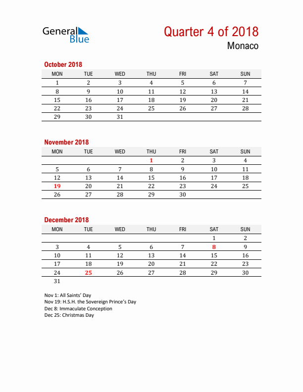 Printable Three Month Calendar with Monaco Holidays