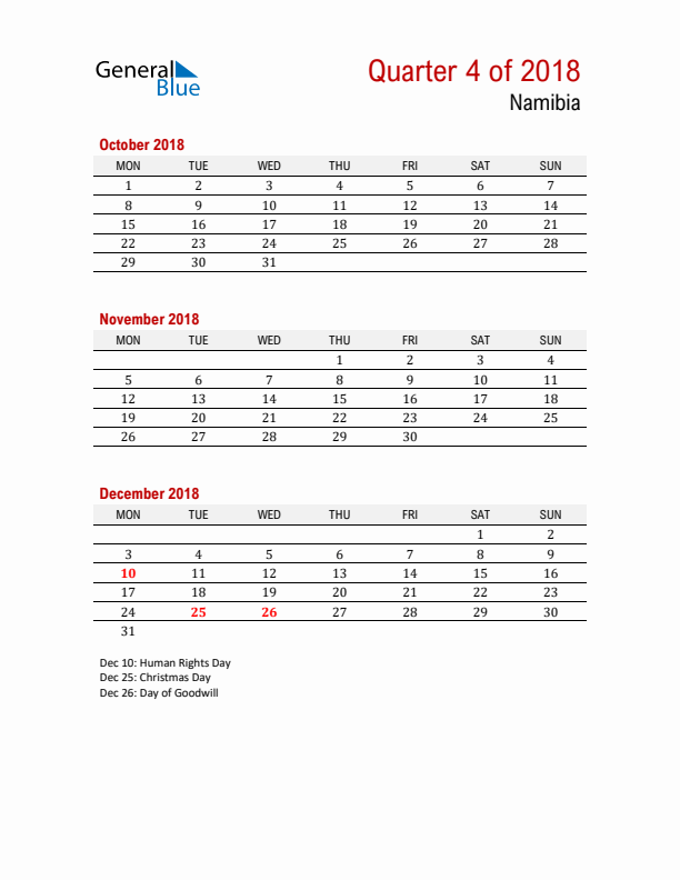 Printable Three Month Calendar with Namibia Holidays