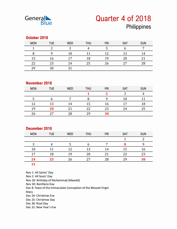 Printable Three Month Calendar with Philippines Holidays