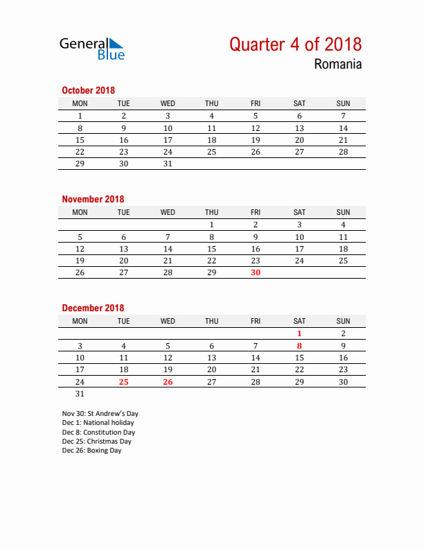 Printable Three Month Calendar with Romania Holidays