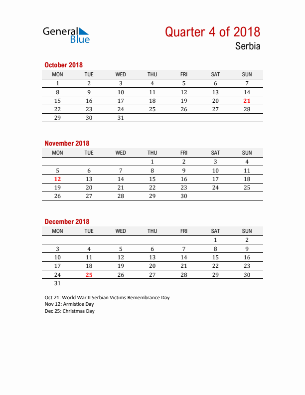 Printable Three Month Calendar with Serbia Holidays