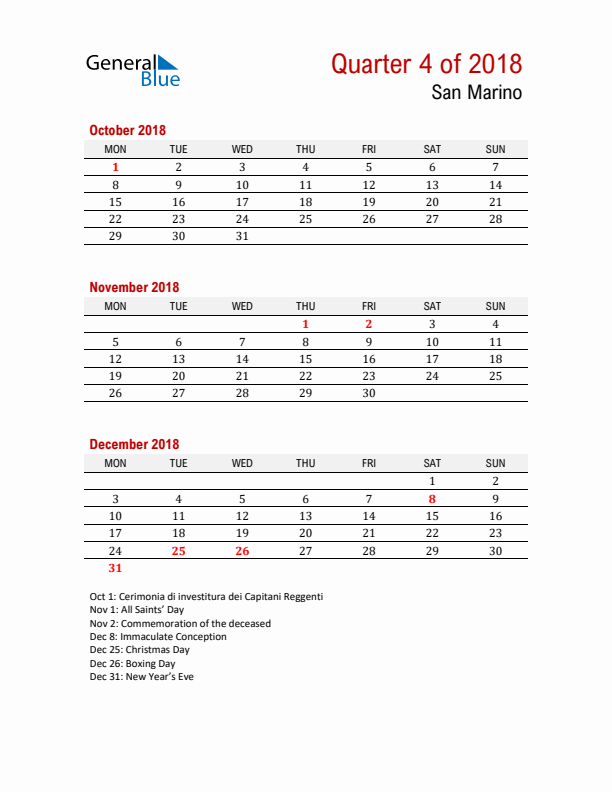 Printable Three Month Calendar with San Marino Holidays