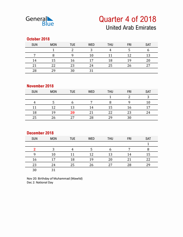 Printable Three Month Calendar with United Arab Emirates Holidays