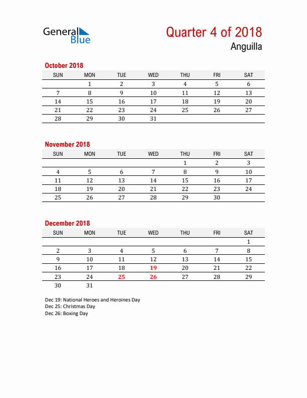 Printable Three Month Calendar with Anguilla Holidays