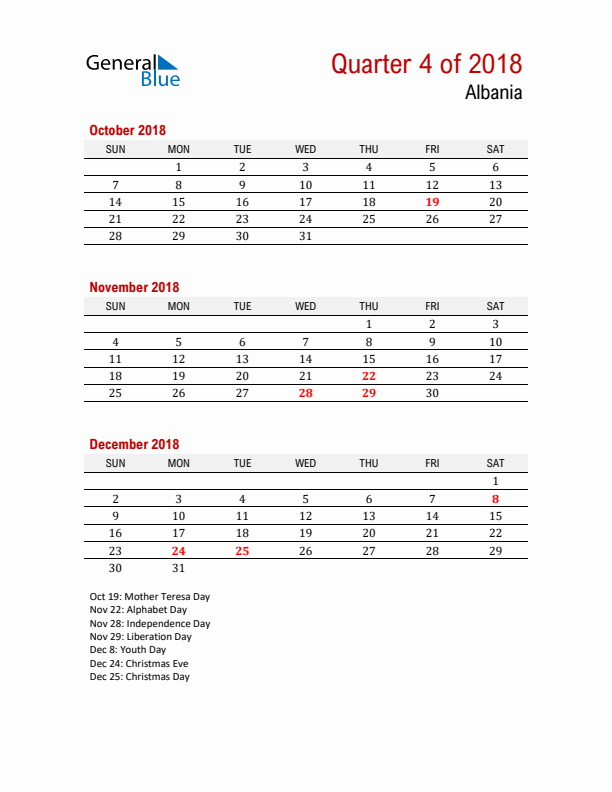 Printable Three Month Calendar with Albania Holidays