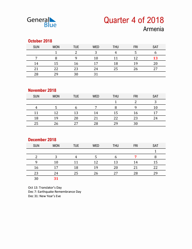 Printable Three Month Calendar with Armenia Holidays