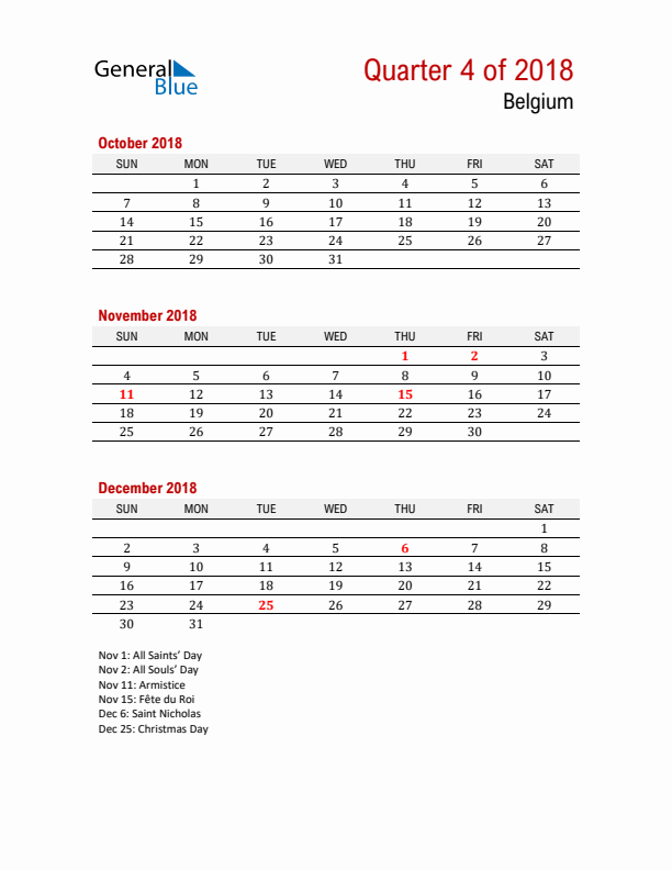 Printable Three Month Calendar with Belgium Holidays