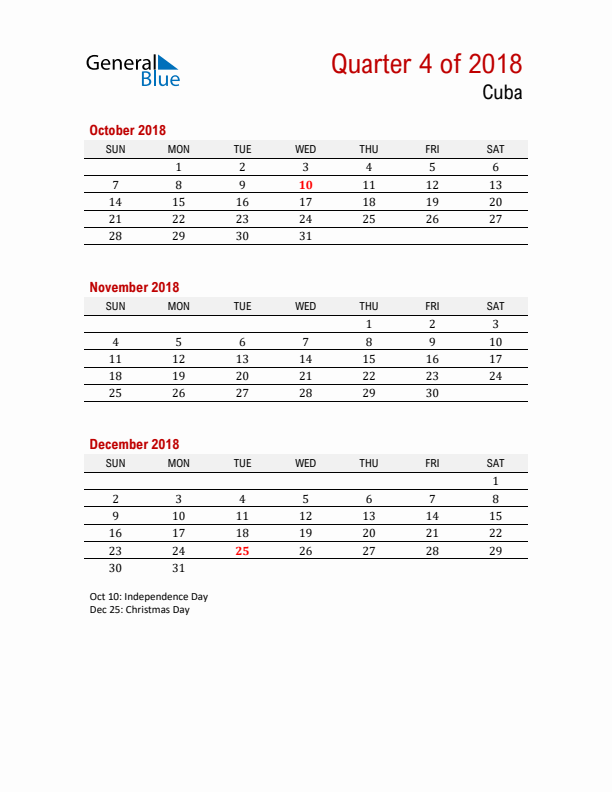 Printable Three Month Calendar with Cuba Holidays