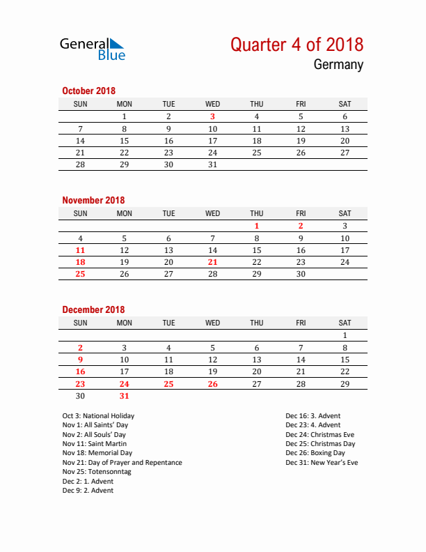 Printable Three Month Calendar with Germany Holidays