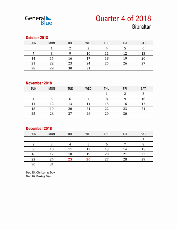 Printable Three Month Calendar with Gibraltar Holidays